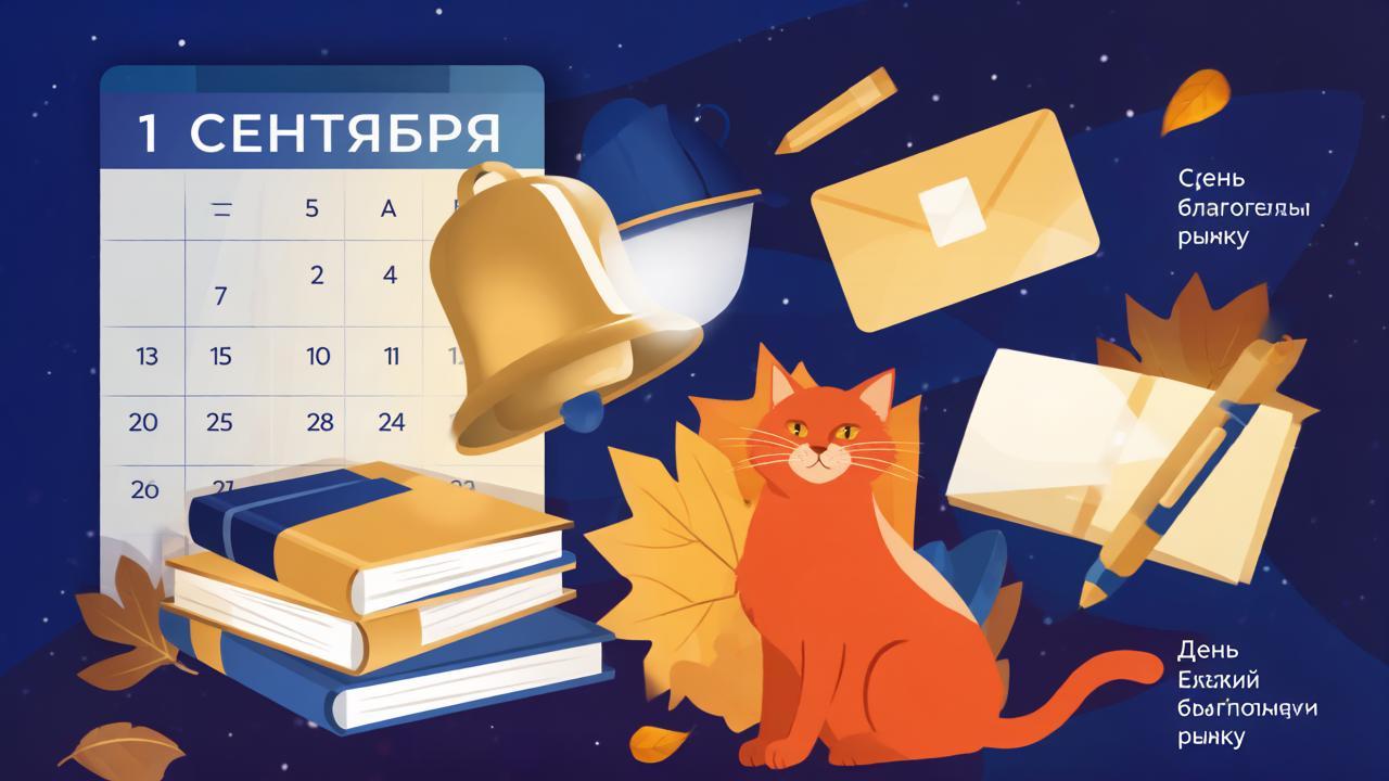Коллаж из символов праздников 1 сентября: школьный звонок, письмо и рыжий кот на осеннем фоне